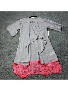 LulaRoe Monroe Kimono Cardigan Womens S Small Gray Pink Fringe Sweater y2K